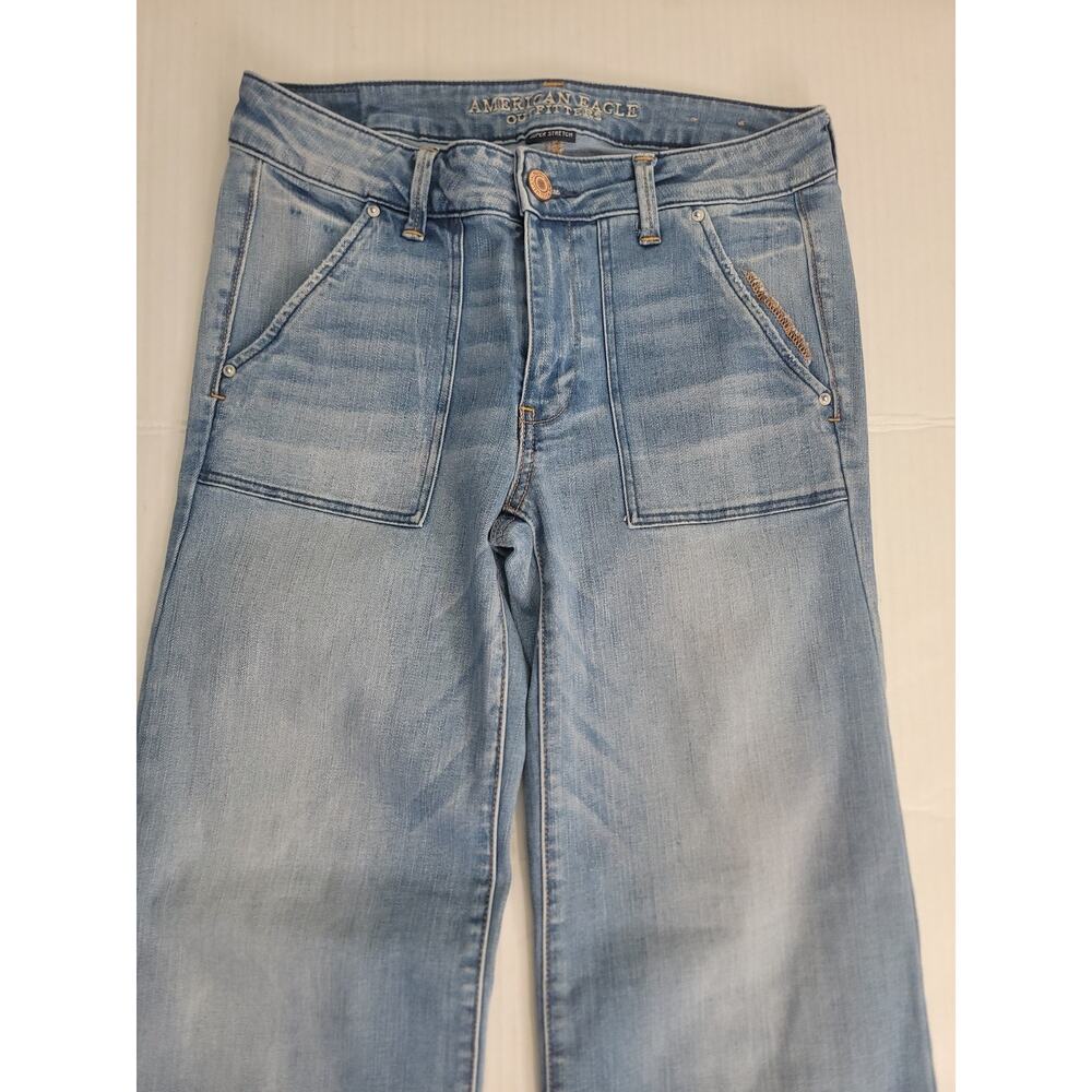 American Eagle A-Line Flare Jeans Women’s Sz 8 Wide Leg 70's High Rise Stretch - Picture 3 of 8